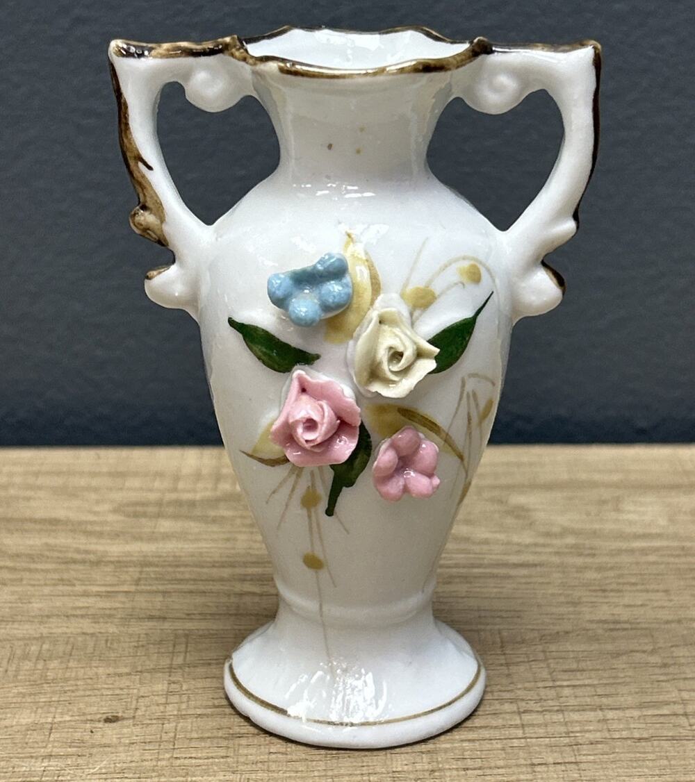 Vintage Porcelain 4.5” Bud Vase Hand Crafted 3D Roses Handles Landmark Designs